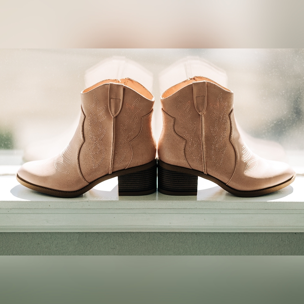 Light Pink Ankle Booties with Western Stitching and Chunky Heel